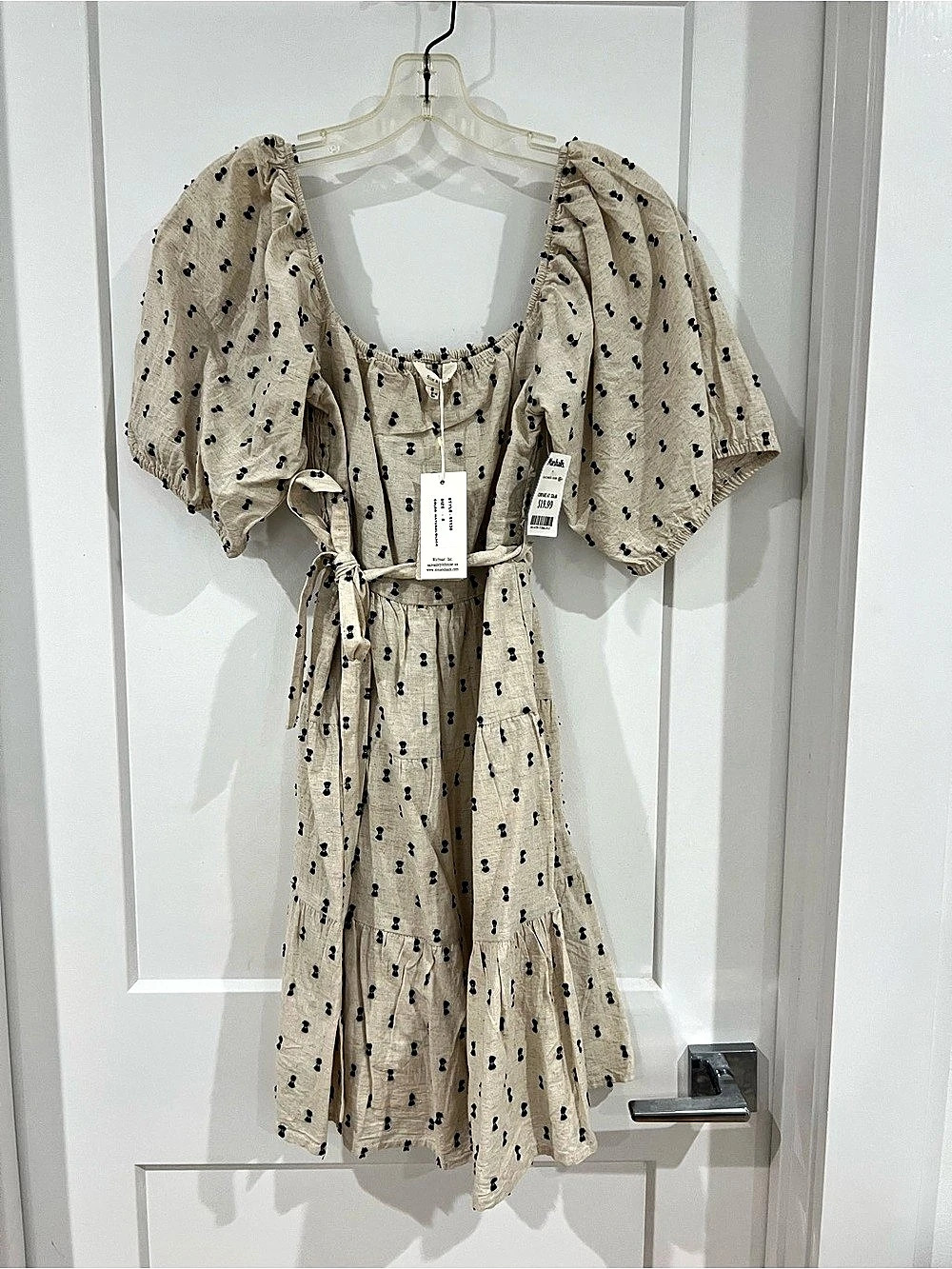 NWT Sim and Sam Mini Dress Cotton Linen in Cream & Black dots Size Small